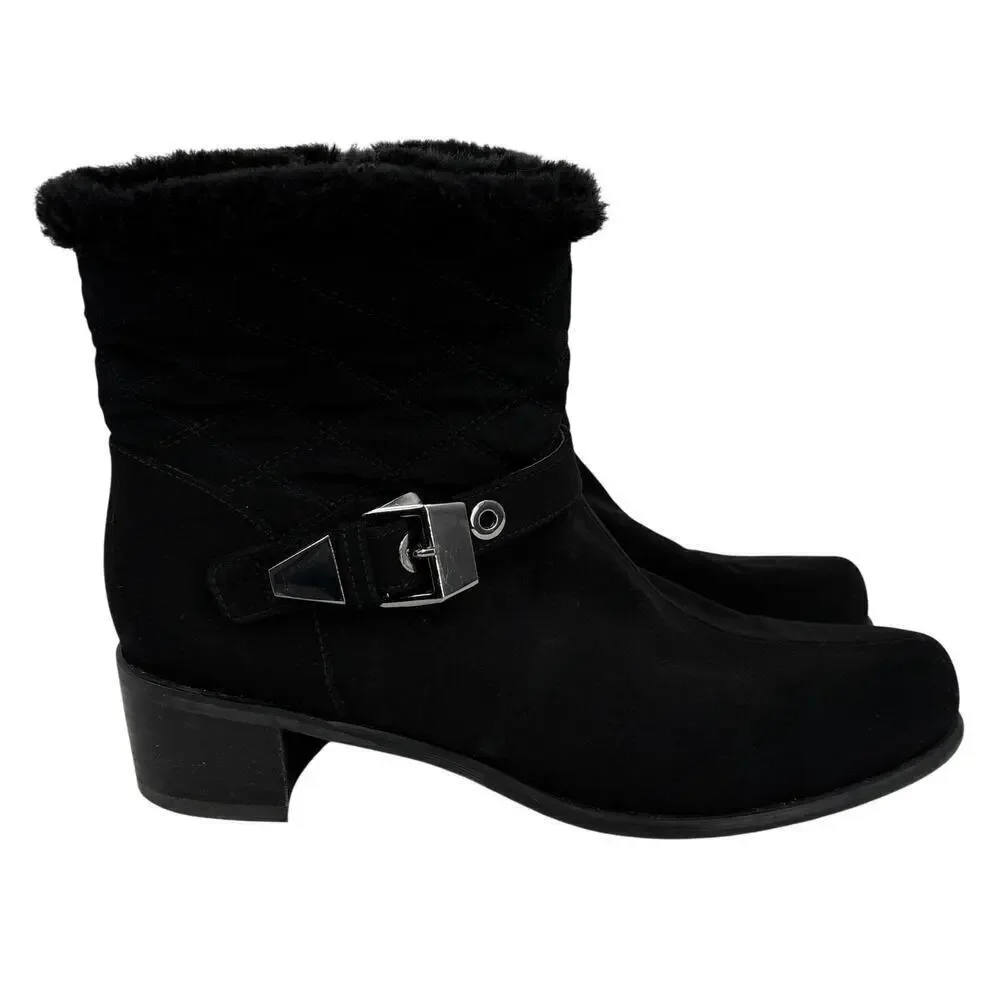 Stuart Weitzman Gorby Boot Size 8.5 Black Quilted Waterproof‎ Side Zip Faux Fur